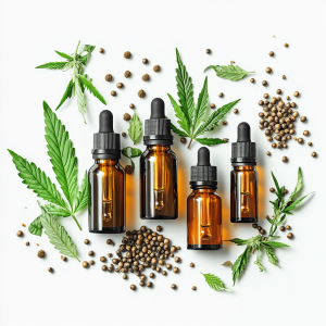 Several bottles of cannabis oil, CBD oil and hemp oil surrounded by hemp leaves and seeds on a clean, white background.