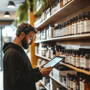 A bearded man is browsing CBD oil products on a tablet in a natural hemp product shop.