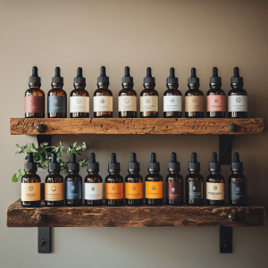 Two wooden shelves displaying rows of Australian CBD oil products, each with distinct labels.