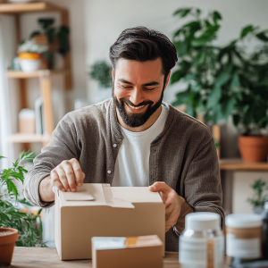 Happy man unboxing a delivery of new CBD products at home.
