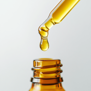 A drop of golden CBD oil falling from a dropper into a glass bottle, captured against a clean white background.