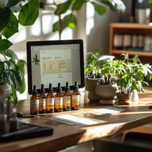 CBD oil bottles lined up in front of a tablet screen in a retail cannabis dispensary.