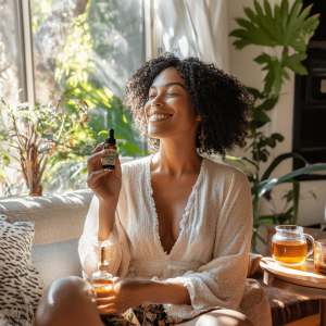 A woman sitting on a sofa in a sunlit living room, smiling while holding a bottle of CBD oil.