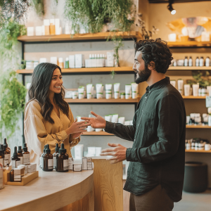 A woman smiles while interacting with a customer in a CBD store, surrounded by CBD products on nearby shelves.