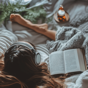 Woman relaxing on a bed with headphones, a book, with CBD oil on a nearby table.