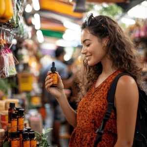 Woman shopping for CBD oil at a Byron Bay farmers market in Australia.