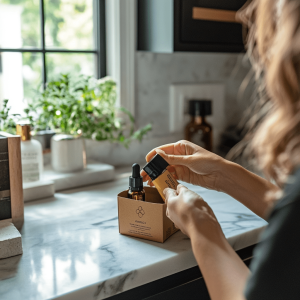 Woman unboxes her online CBD oil purchase from its box on her kitchen counter.
