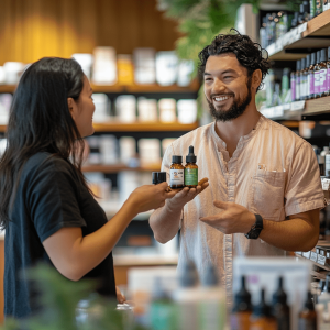 Man and woman discussing different CBD oil types inside an organic retail shop.