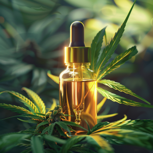 Close-up of a full-spectrum CBD oil placed among green hemp leaves, with sunlight illuminating the clarity and quality of the oil.