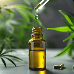 A drop of CBD falling from a dropper into a bottle, surrounded by green cannabis leaves and CBD capsules.