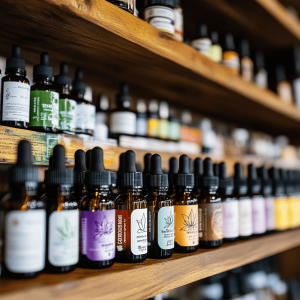Close-up view of CBD tincture bottles neatly arranged on wooden shelves in a dispensary.