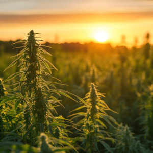 Sunset over a lush hemp field in Australia, with tall organic hemp plants silhouetted against a setting sun.