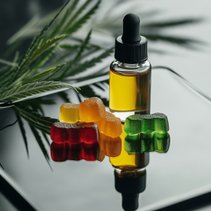 A CBD tincture and range of CBD gummies on a table. A cannabis leaf is placed in the background.