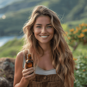 Smiling Woman Hiking with CBD Tincture