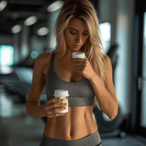 Woman in Gym with Weight Loss Supplements
