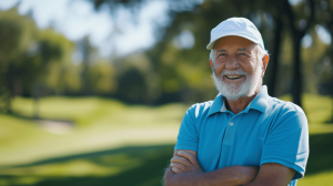 Old man playing golf with healthy joints