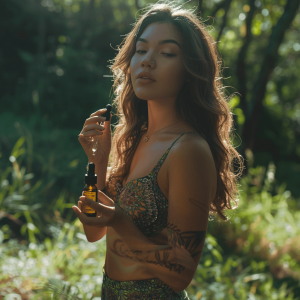 Attractive woman with CBD Oil in Forest