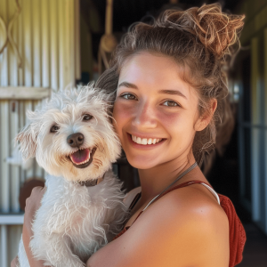 Happy girl holding her dog