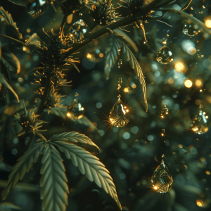Drops of CBD falling from cannabis leaf
