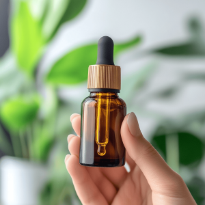 A person holding a CBD oil product in their hand, considering how it was made
