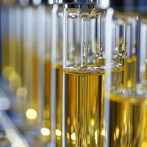 A row of CO2 extracted CBD oil in test tubes waiting to be tested in a laboratory.