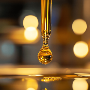 A drop of CBD oil extracted via oil infusion falling from a dropper, with soft background lighting.
