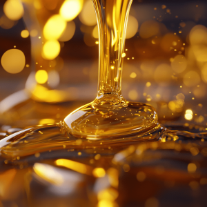 A stream of pure CBD oil being filtered and pouring into a pool of golden liquid CBD