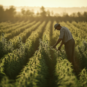 An Australian farmer in overalls cultivating rows of young hemp plants in a field