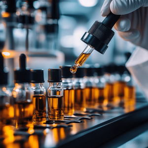 A production line of CBD oil being made and bottled in an industrial setting