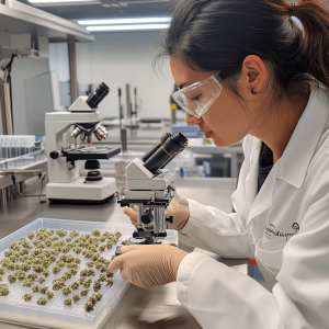 A female scientist examining hemp samples under a microscope in a laboratory.