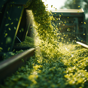 Freshly harvested hemp leaves being processed on an industrial conveyor outdoors for separation