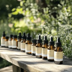 A row of freshly extracted CBD oil products arranged in a line outdoors on a wooden surface