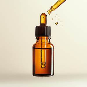 A close-up of a dropper filled with golden CBD oil, with a dropper sprinkling liquid CBD in the background