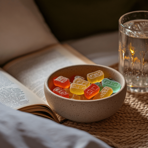 A close up of a small bowl of CBD gummies placed next to an open book