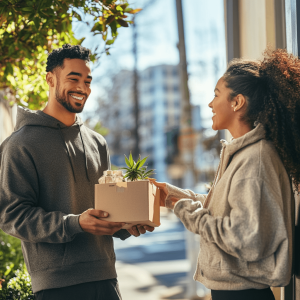 A smiling man and woman exchanging a gift box of CBD products outdoors on a sunny day.
