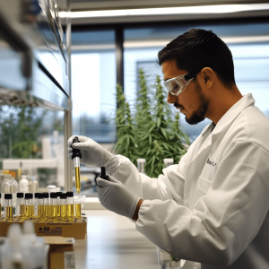 A lab technician testing CBD oil sample vials in a well-lit laboratory setting.