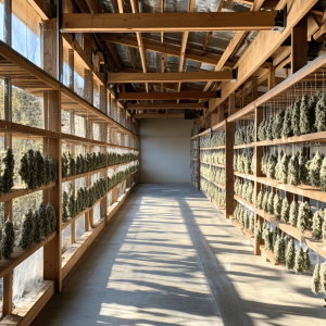 A drying facility for hemp plants with rows of hemp hanging from wooden beams inside a sunlit warehouse.