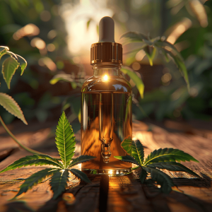 A glowing bottle of full-spectrum CBD oil sits on a wooden surface, surrounded by cannabis leaves, bathed in sunlight.