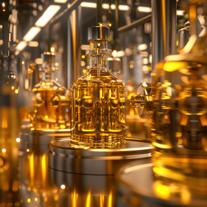 Liquid CBD oil is extracted in large glass separation chambers with a manufacturing facility in the background