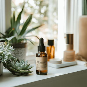 A premium CBD tincture product surrounded by succulents on a window sill.