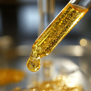 A close-up of a glass funnel pouring CBD oil, with tiny bubbles visible inside the liquid.