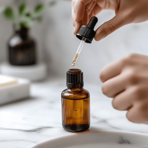 A close-up of hands dropping CBD oil from a dropper into an amber bottle, set on a marble surface.