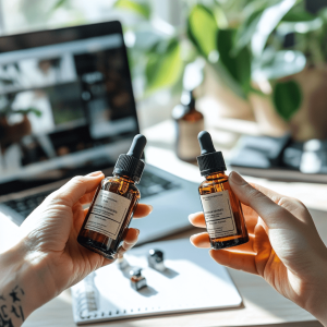 Two hands holding CBD oil products to compare, in front of a blurred laptop and notebook.