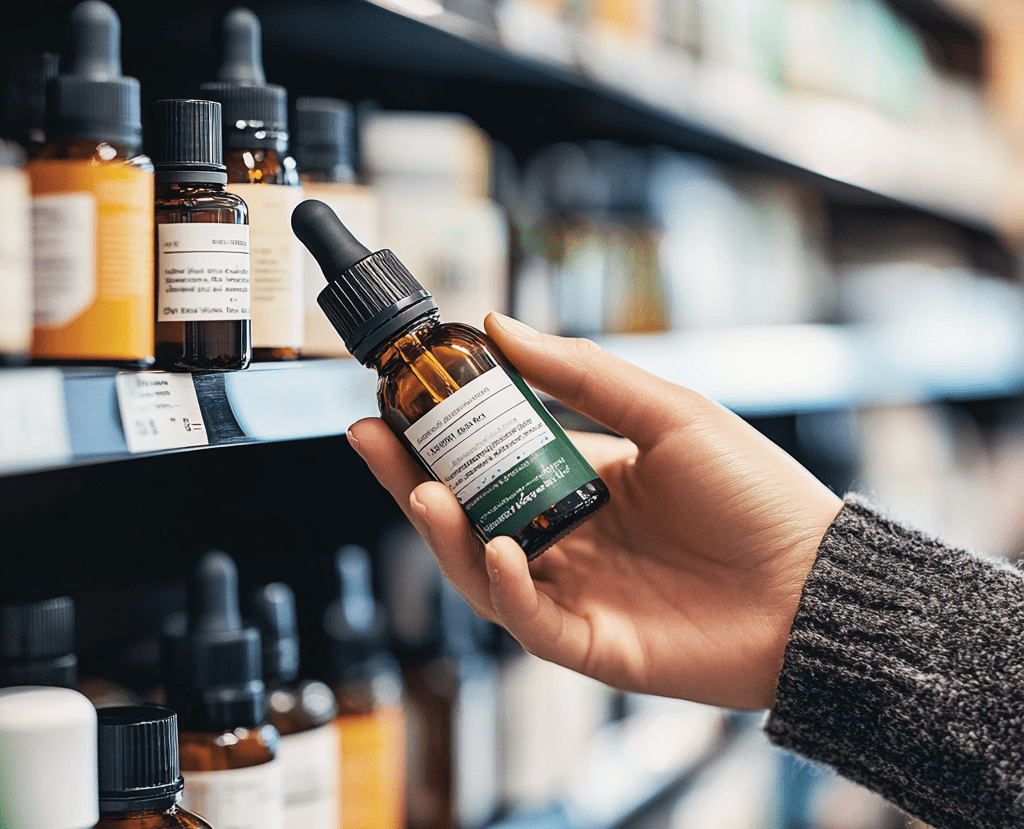 A person choosing a CBD oil product from a shelf, examining it in a well-stocked store aisle.