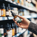 A person choosing a CBD oil product from a shelf, examining it in a well-stocked store aisle.