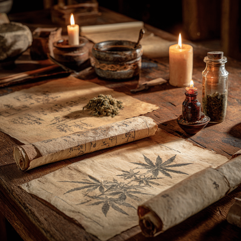 Ancient hemp leaves and botanical scrolls laid out on a wooden desk lit by candles, showing early medicinal use.