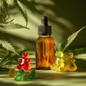 A small organic bottle of CBD oil next to two gummy bears, set on a dark surface with cannabis leaves in the background.