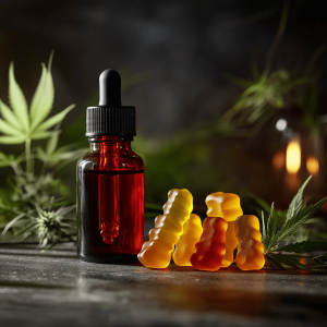 A small bottle of red-tinted CBD oil next to a cluster of CBD candies, with green marijuana leaves in background.