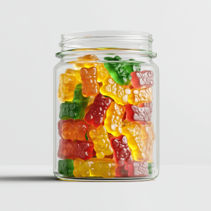 A clear glass jar filled with colourful CBD gummies, against a white background.