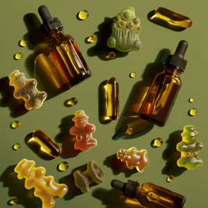 A photographic arrangement of CBD oil bottles, CBD capsules and CBD gummies capsules on a green background.